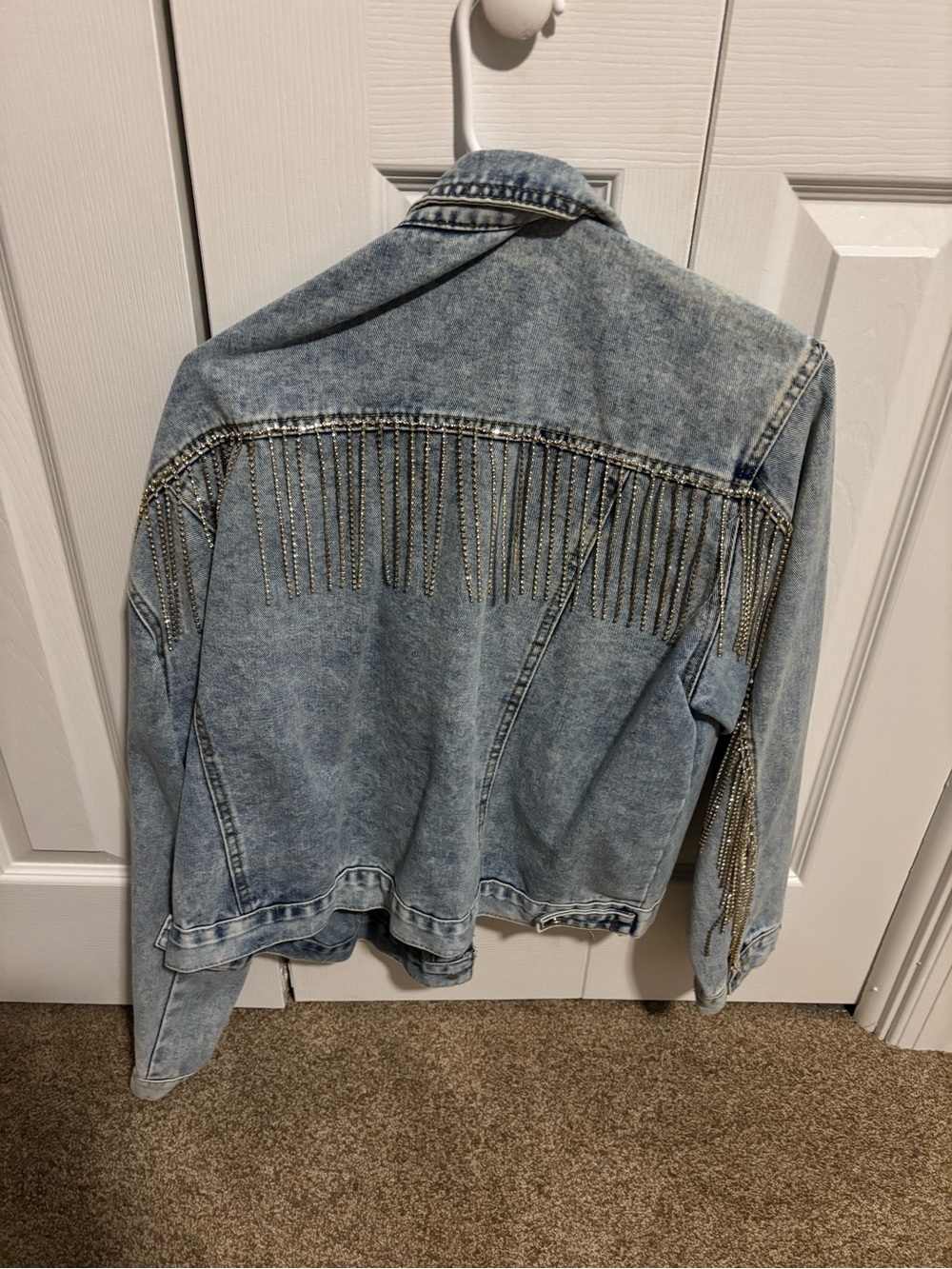 David's Bridal Light Wash Denim Jacket with Silver Chain Fringe